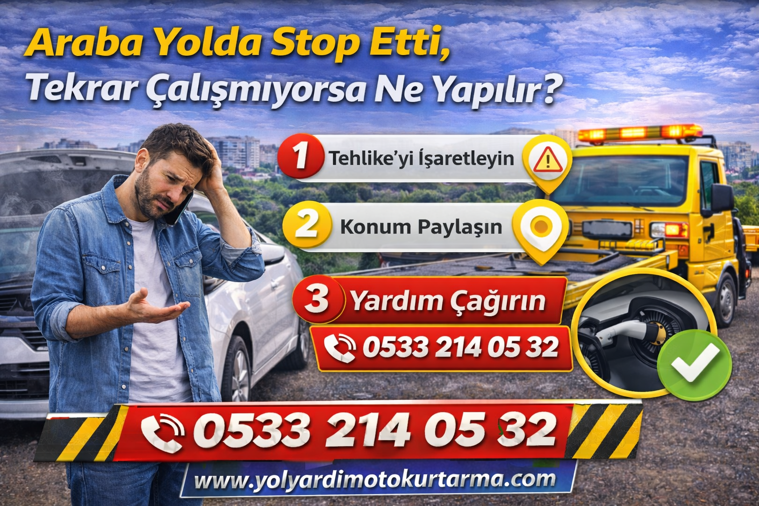 Araba yolda stop ettiğinde yapılması gerekenler ve oto çekici yol yardım çağırma sürecini gösteren bilgilendirici görsel