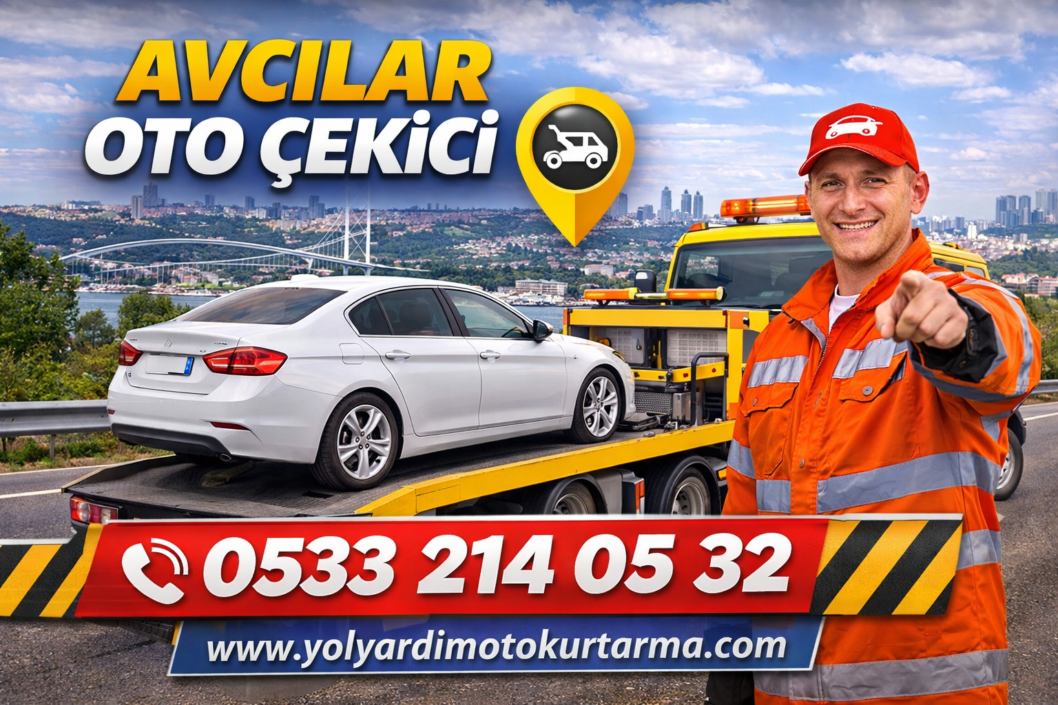 Avcılar oto çekici hizmeti veren yol yardım aracının arızalı otomobili güvenli şekilde taşımasını gösteren oto çekici görseli