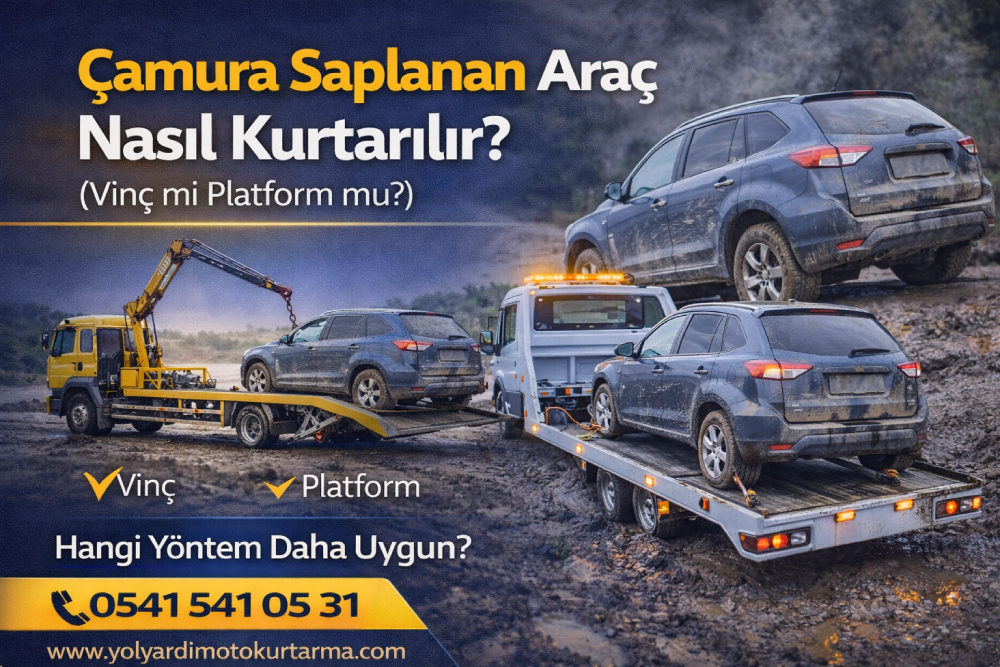 Çamura saplanan aracın vinç ve platform çekici ile güvenli şekilde kurtarılması