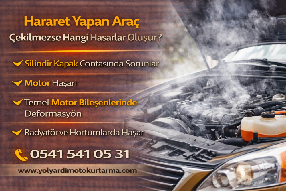Hararet yapan araç motoru duman çıkarırken yaşanabilecek hasarları gösteren bilgilendirici oto yol yardım görseli